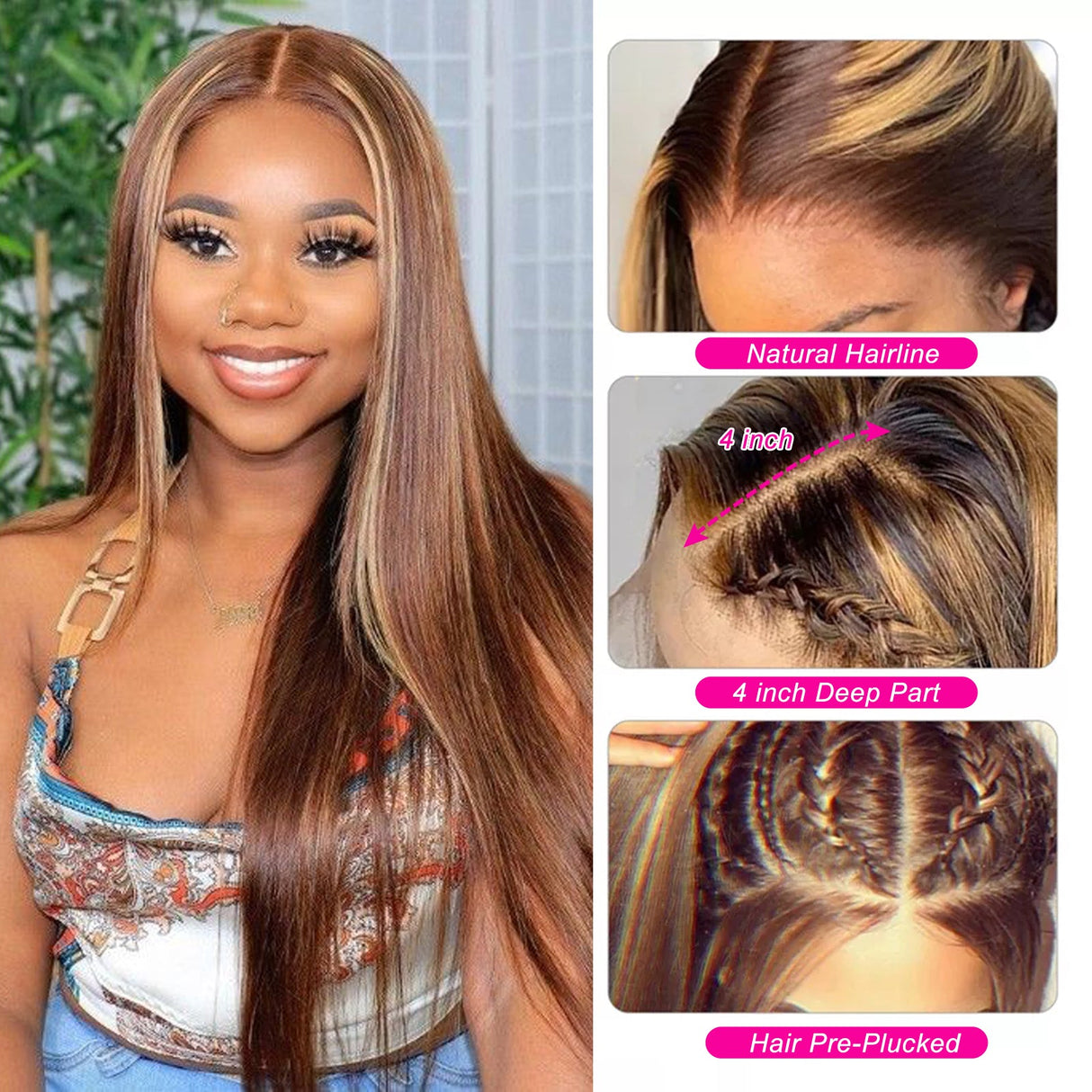 Straight 13x1 P4/27 Highlight Lace Front Wigs Human Hair Transparent HD Lace Wigs 150% -200%Density