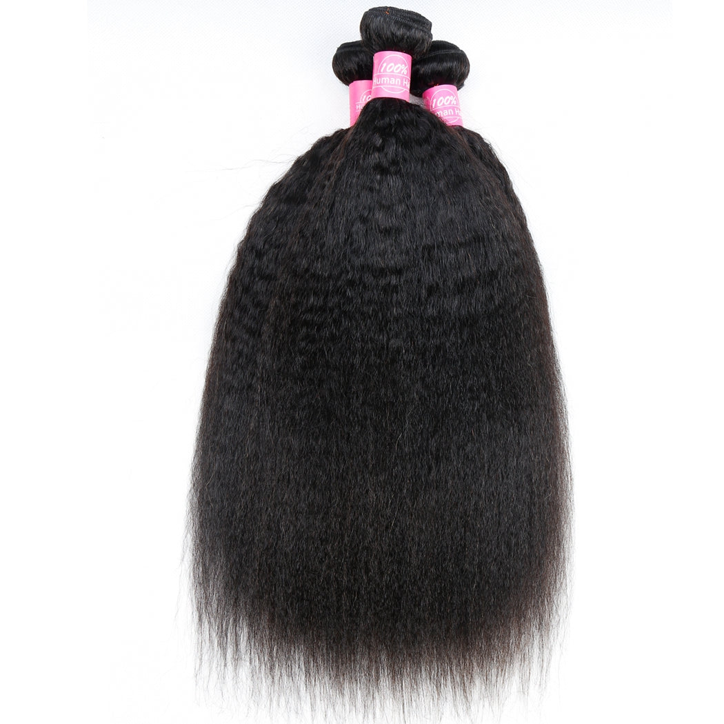 Kinky Straight Bundles With Closure Brazilian Human Hair Natural Black
