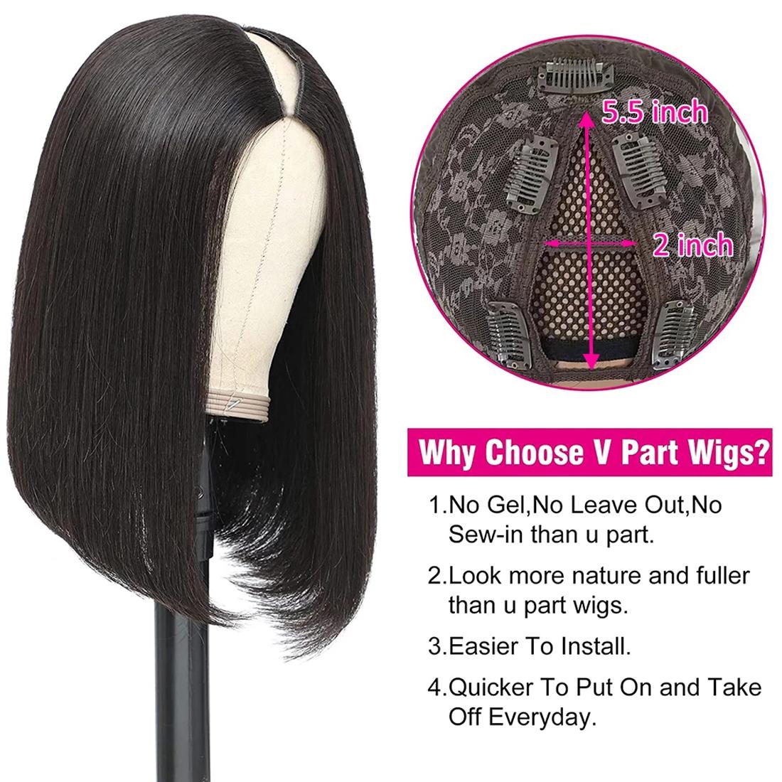 Short Bob V-Part Wigs Human Hair Straight Natural Color 180% Density