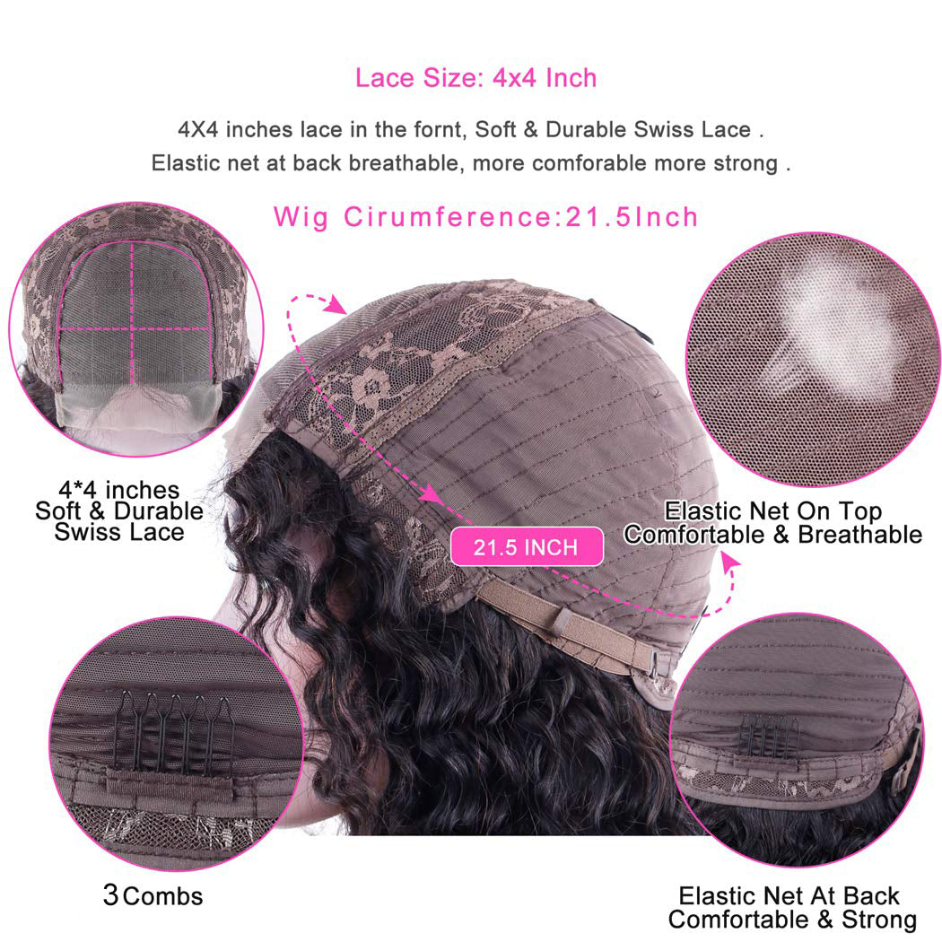 Deep Wave 4x4 Lace Closure Wigs Brazilian Human Hair Wigs Natural Color 180% Density