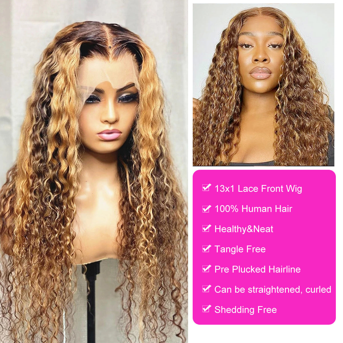 Highlight Water Wave 4x4 Lace Front Wigs Brazilian Virgin Human Hair Wigs 4/27 180% Density