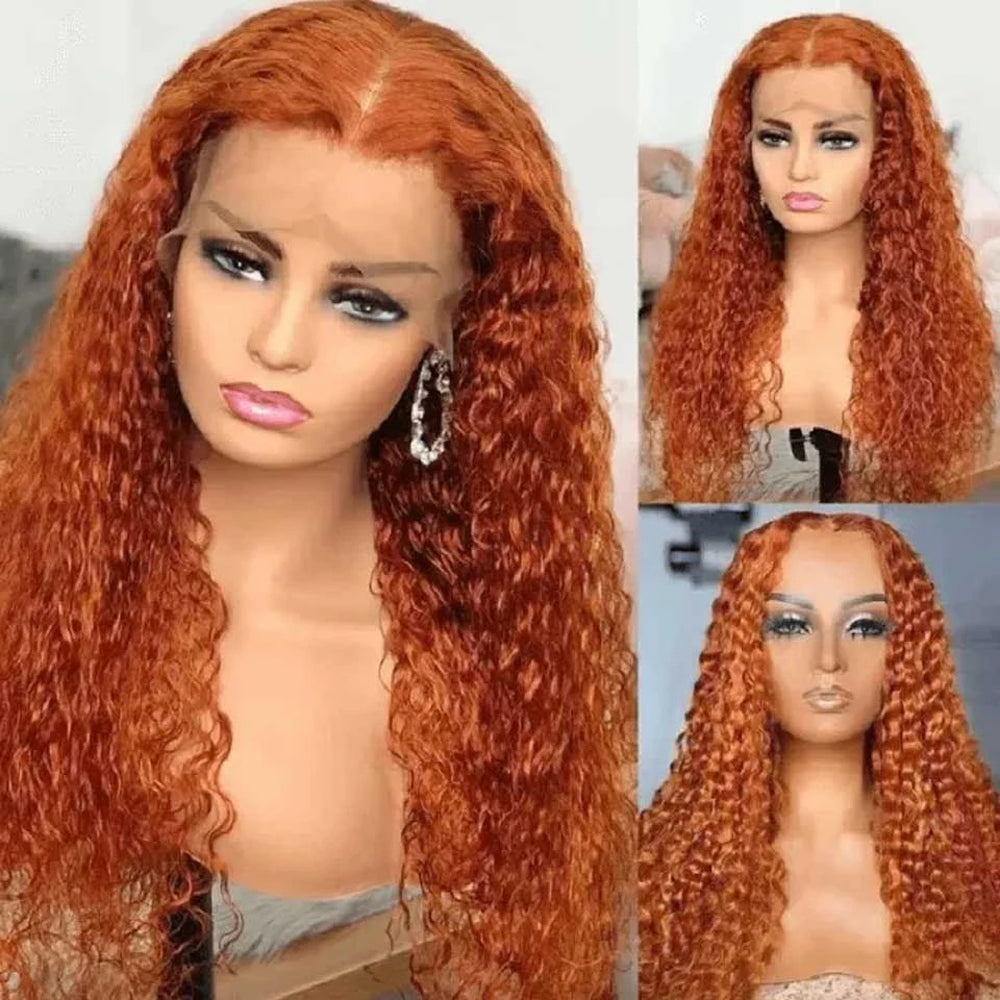13x4 Lace Frontal Wigs Human Hair Deep Curly Wig Ginger Color 200% High Density