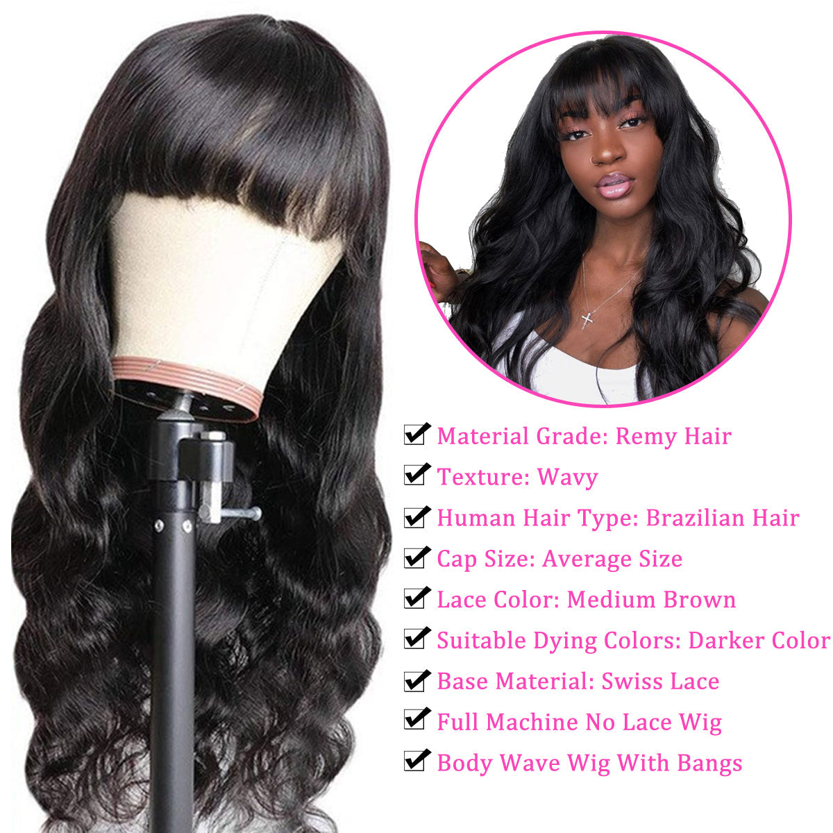 Body Wave Human Hair Wigs with Bangs None Lace Front Wigs Natural Color