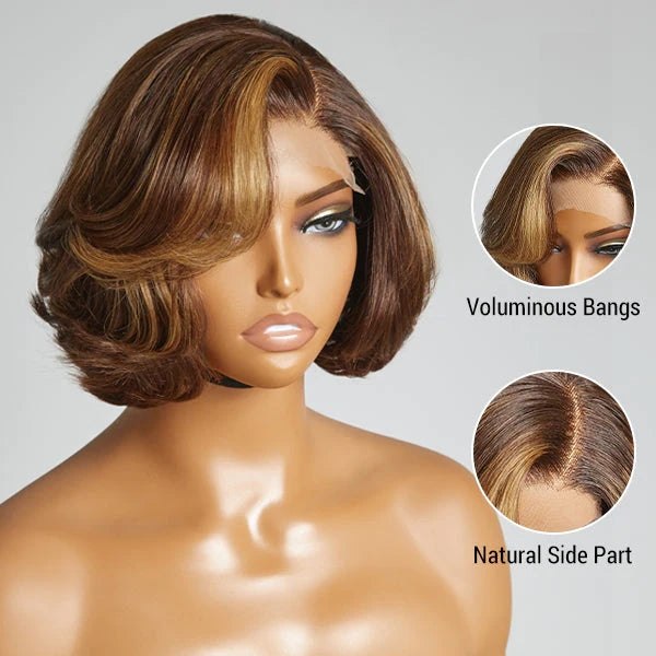 Toffee Brown Mix Blonde 4x4 Closure Lace Glueless C Part Short Wig 100% Human Hair