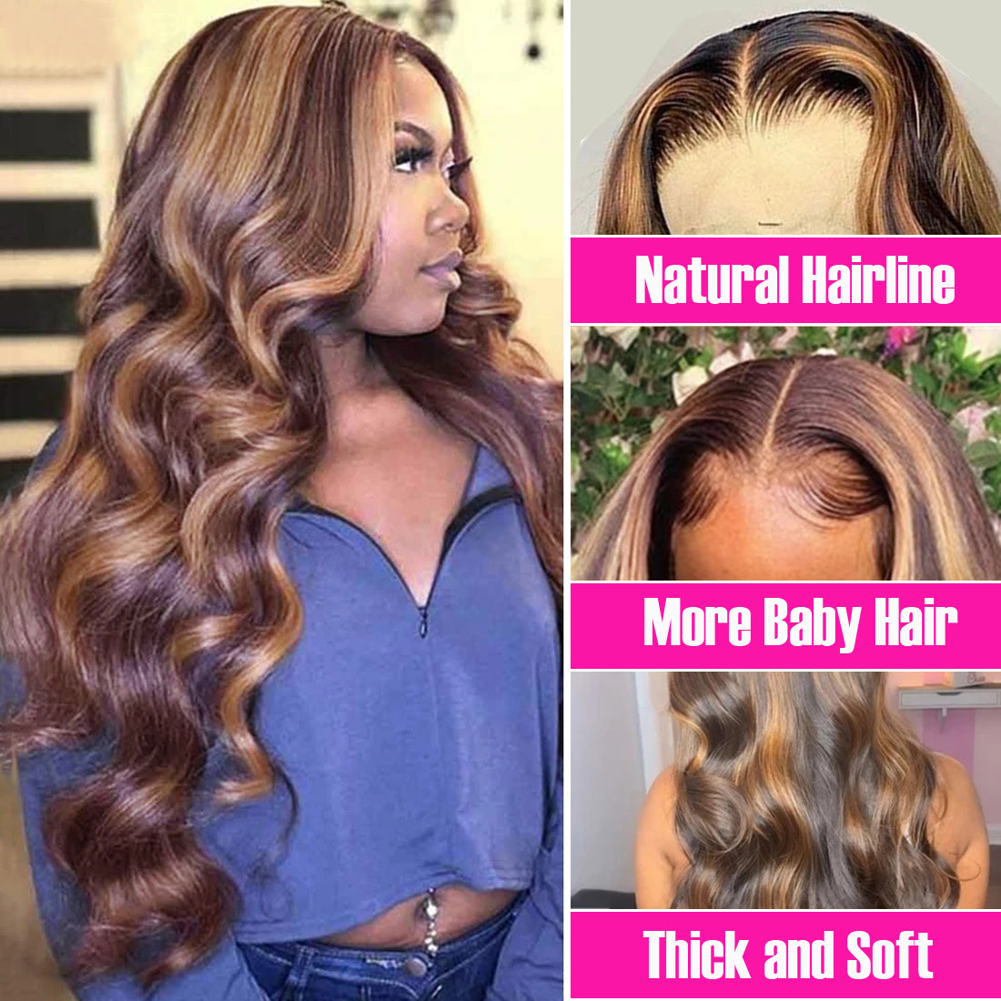 Highlight Body Wave P4/27 Human Hair 13x1 T Part Wigs Lace Front Wigs 150% Density