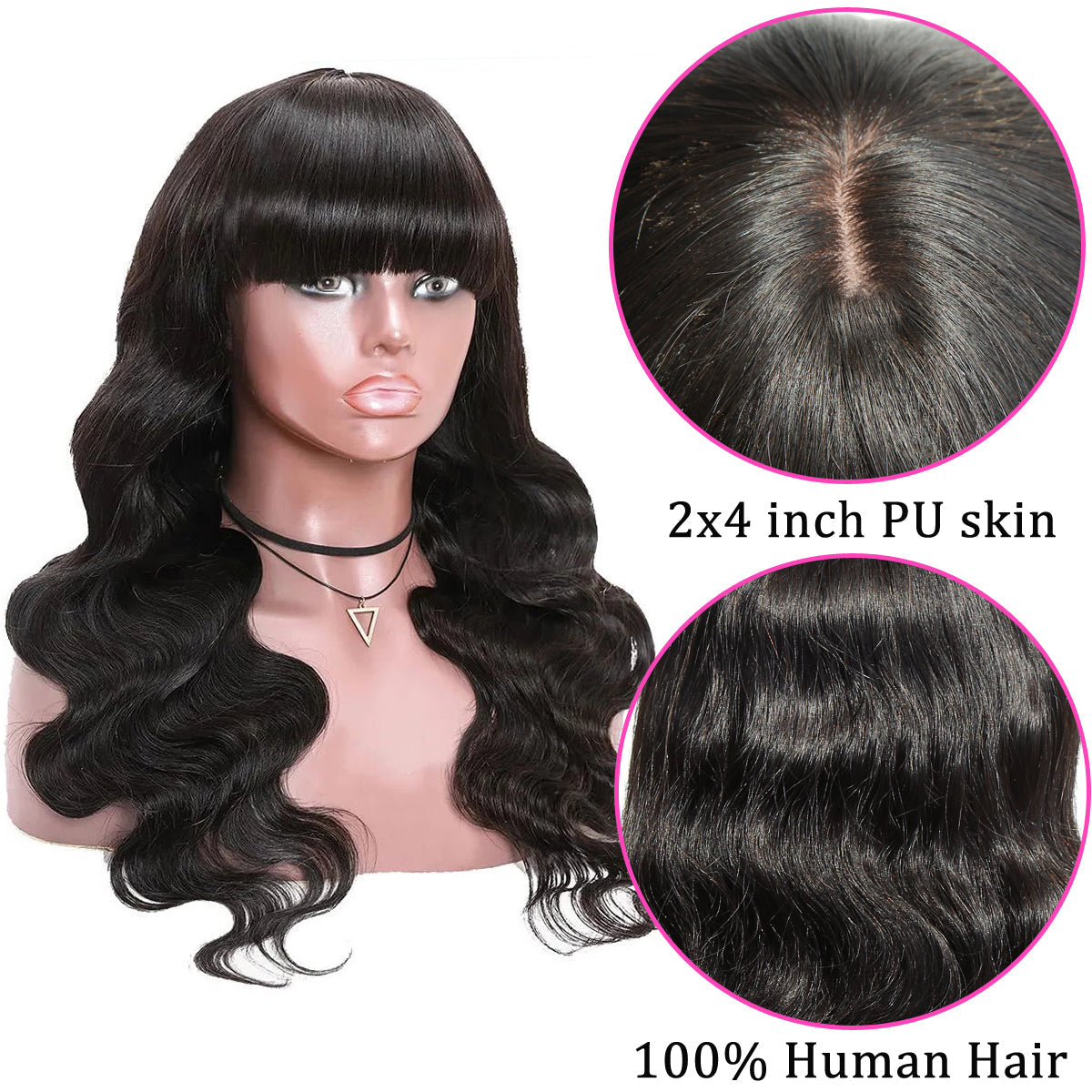 Body Wave Human Hair Wigs with Bangs None Lace Front Wigs Natural Color