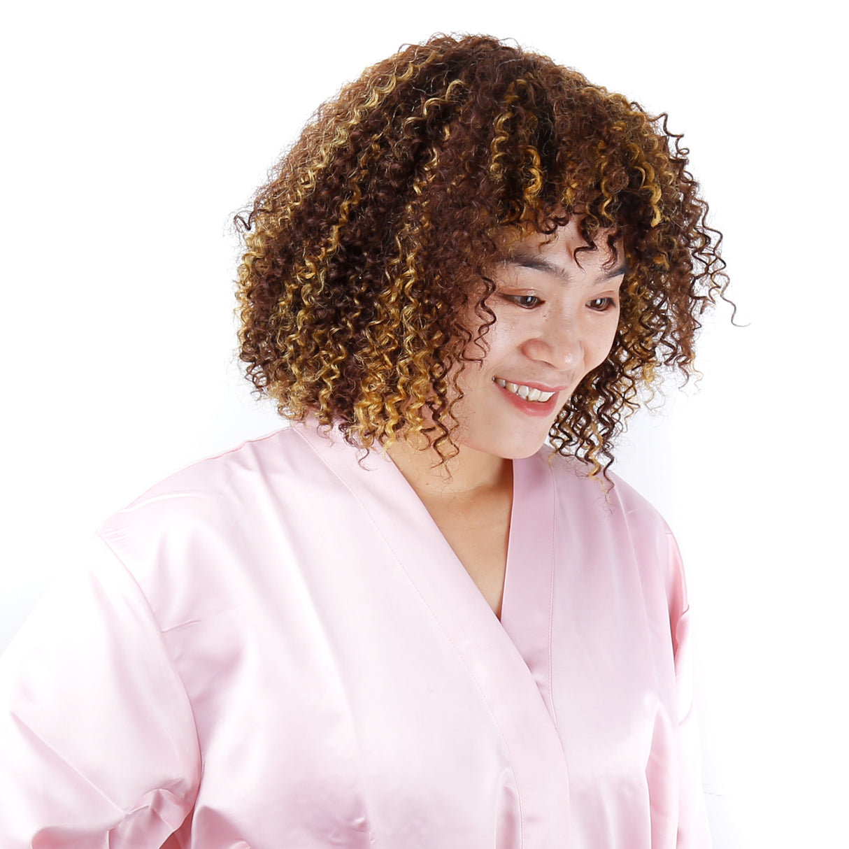 Highlight Short Curly Bob Wigs with Bang Ombre Blond Remy Hair 180% Density