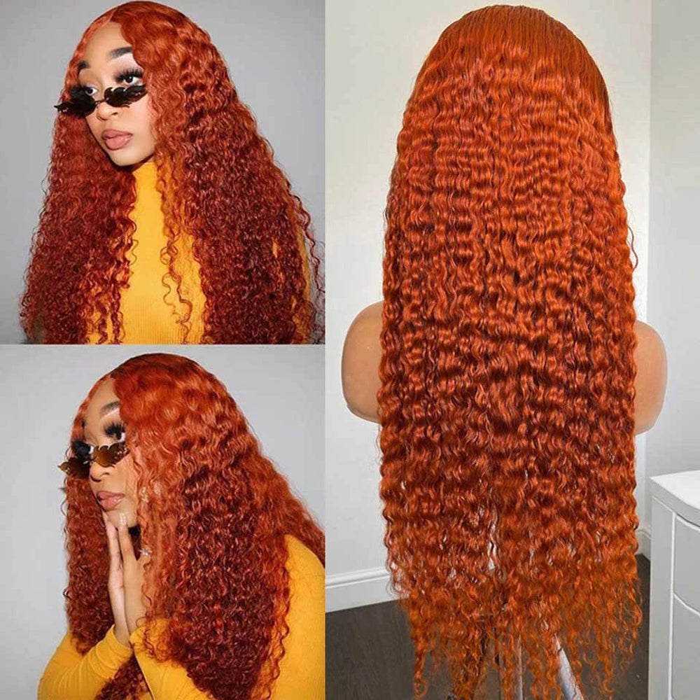 13x4 Lace Frontal Wigs Human Hair Deep Curly Wig Ginger Color 200% High Density
