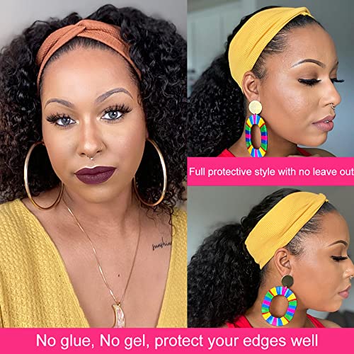 Kinky Curly Headband Wig Human Hair Glueless Natural Color 18 Inch