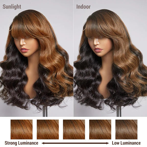 Brown Mix Black Loose Wave 5x5 Closure C Part Glueless Wig With Bangs 100% Human Hair