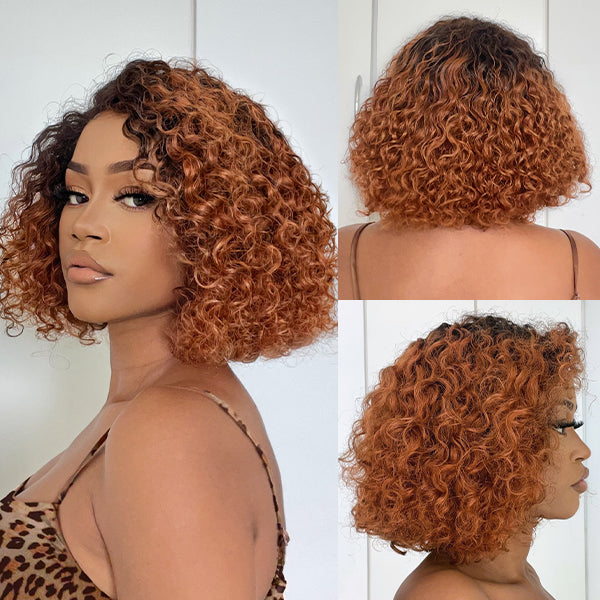 Trendy Mix Brown Short Cut Curly Minimalist HD Lace Glueless Side Part Wig 100% Human Hair