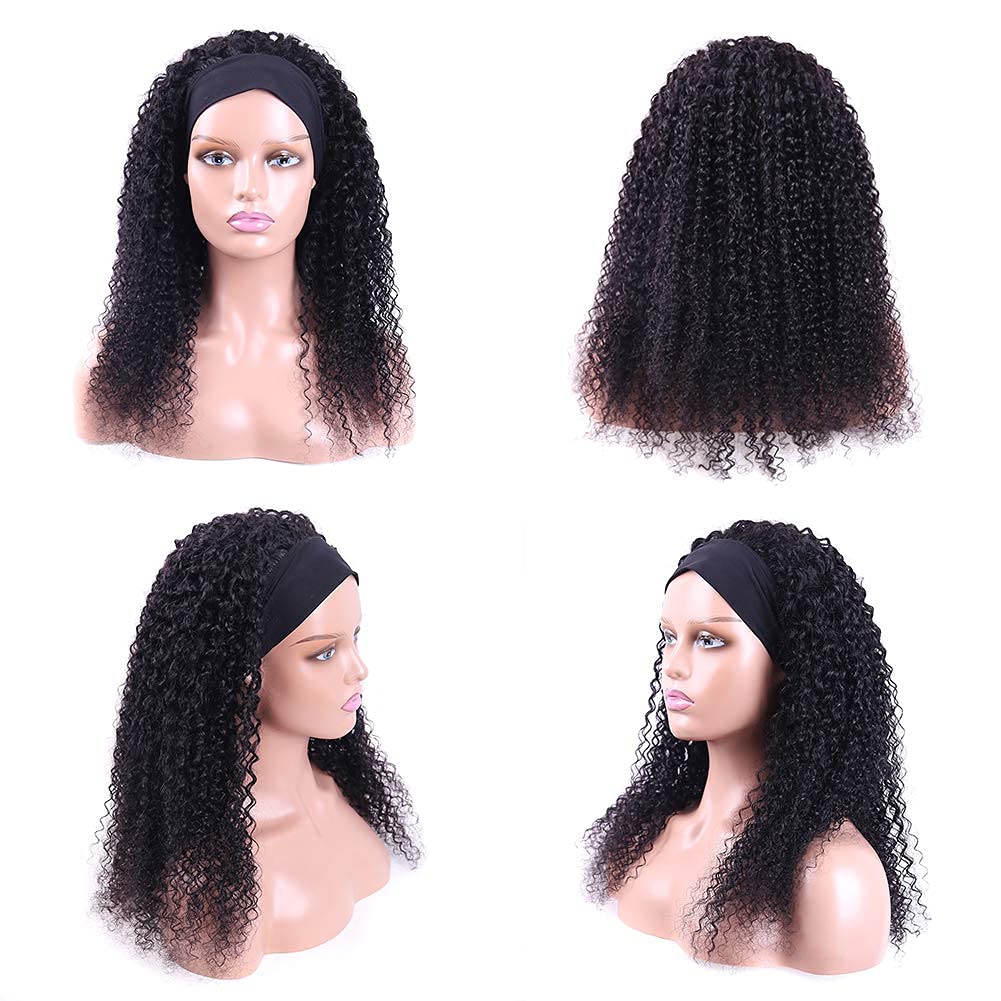 Kinky Curly Headband Wig Human Hair Glueless Natural Color 18 Inch