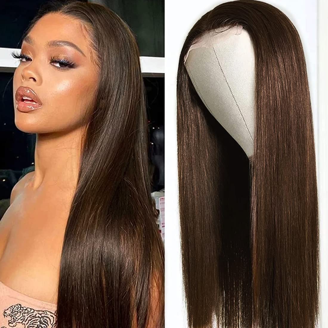 5X5 HD Lace Front Wigs Human Hair Pre Plucked Dark Brown Silk Straight