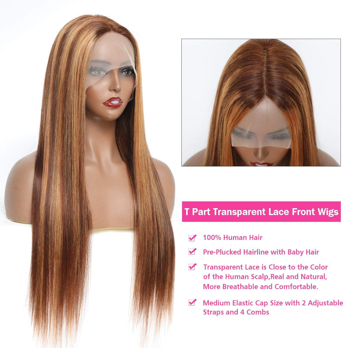 Highlight 4/27 Straight 13x1 T Part Lace Front Wigs Human hair 250 density