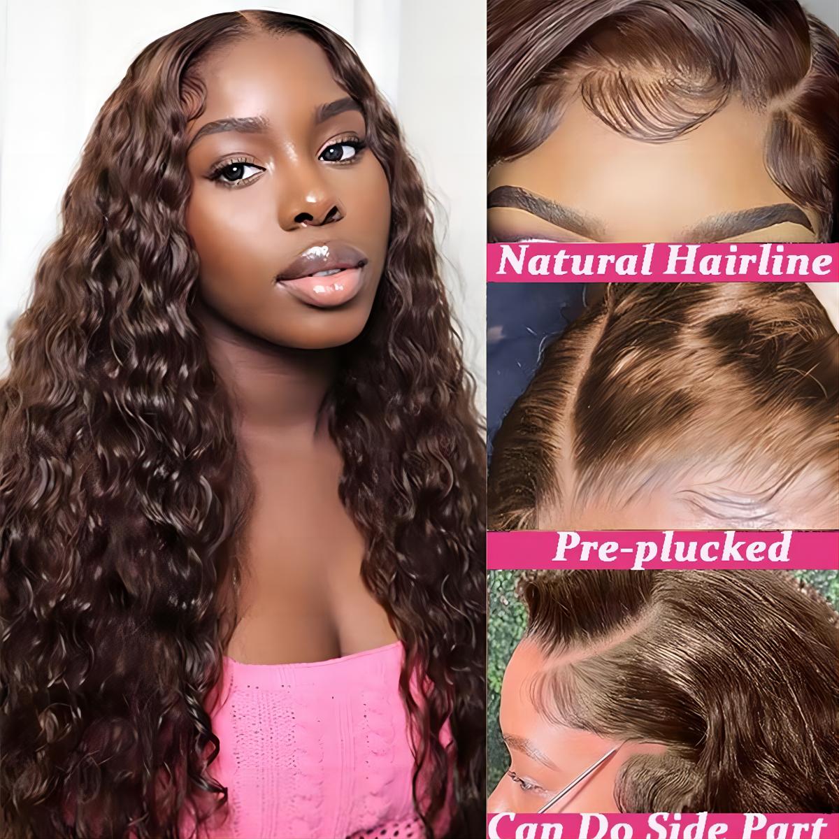 5x5 Water Wave HD Lace Closure Wigs Human Hair Pre Plucked Chocolate Brown