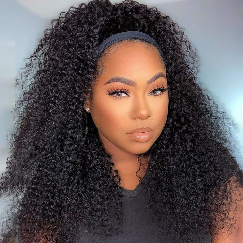 Kinky Curly Headband Wig Human Hair Glueless Natural Color 18 Inch