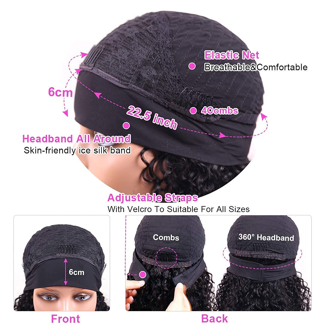 Kinky Curly Headband Wig Human Hair Glueless Natural Color 18 Inch