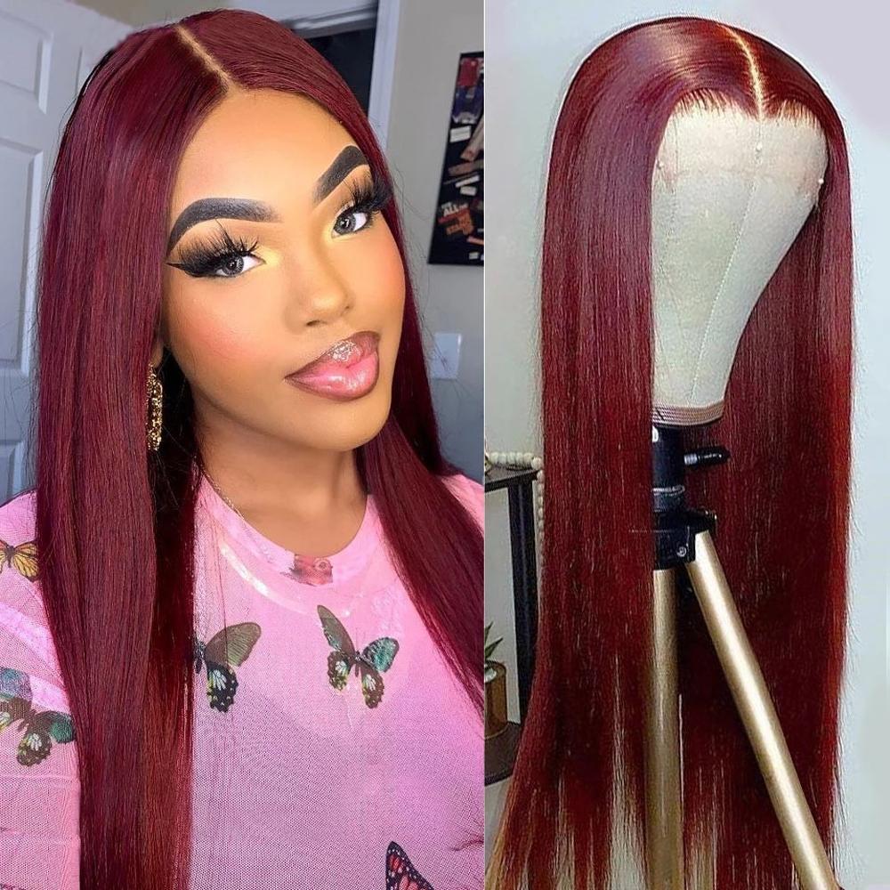 Glueless Wear and Go Wig Straight 99j Burgundy Lace Front Wigs Human Hair 180% Density