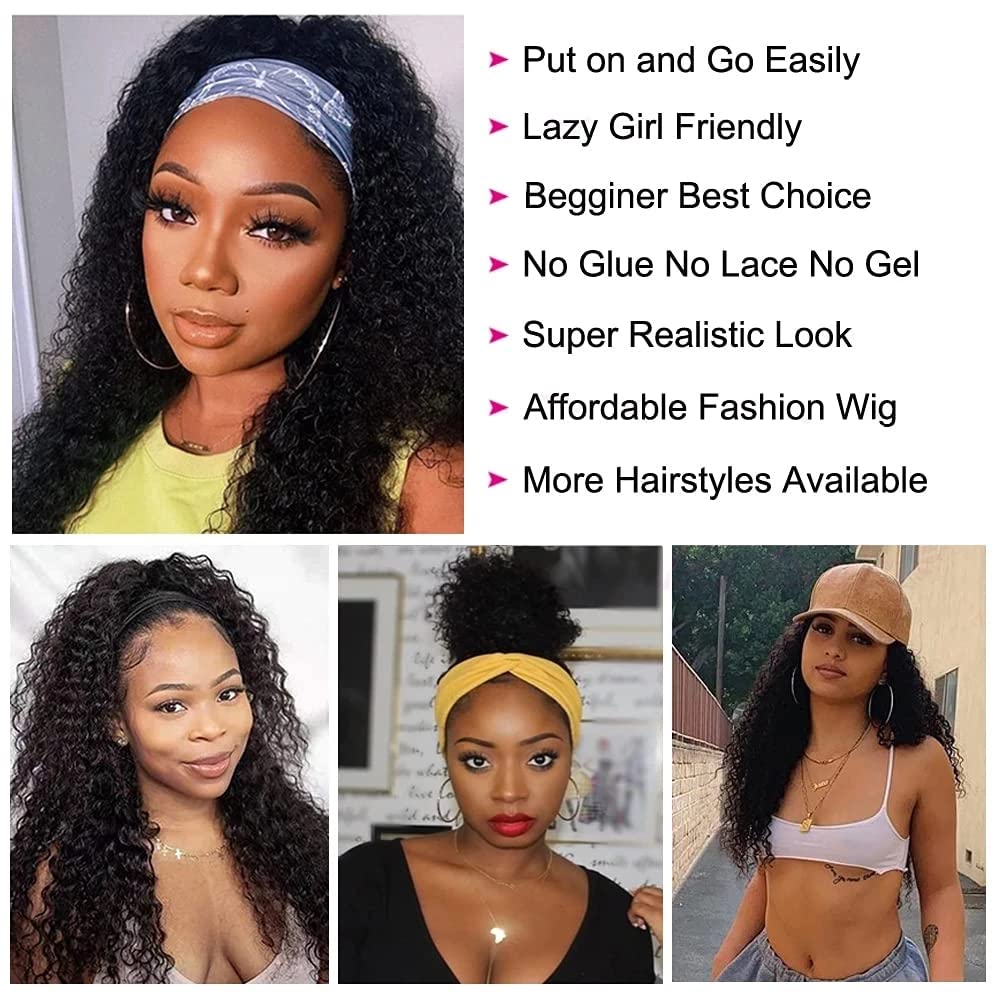 Kinky Curly Headband Wig Human Hair Glueless Natural Color 18 Inch