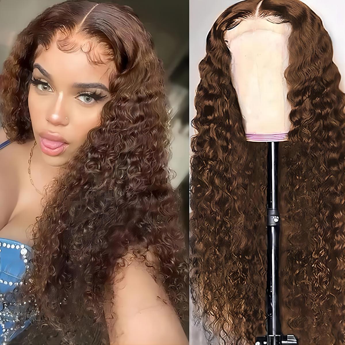 5x5 Water Wave HD Lace Closure Wigs Human Hair Pre Plucked Chocolate Brown