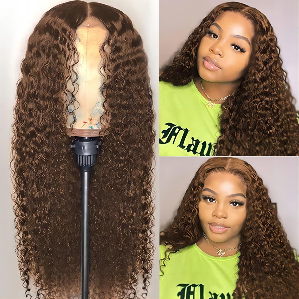 5x5 Water Wave HD Lace Closure Wigs Human Hair Pre Plucked Chocolate Brown