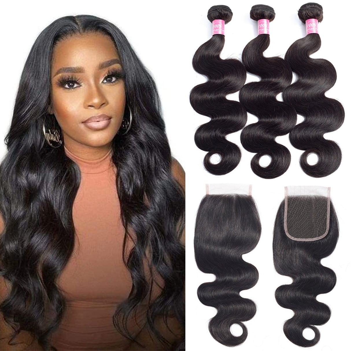 Body Wave 3 Bundles with 4x4 Closure Brazilian Virgin Human Hair Bundles Natural Color