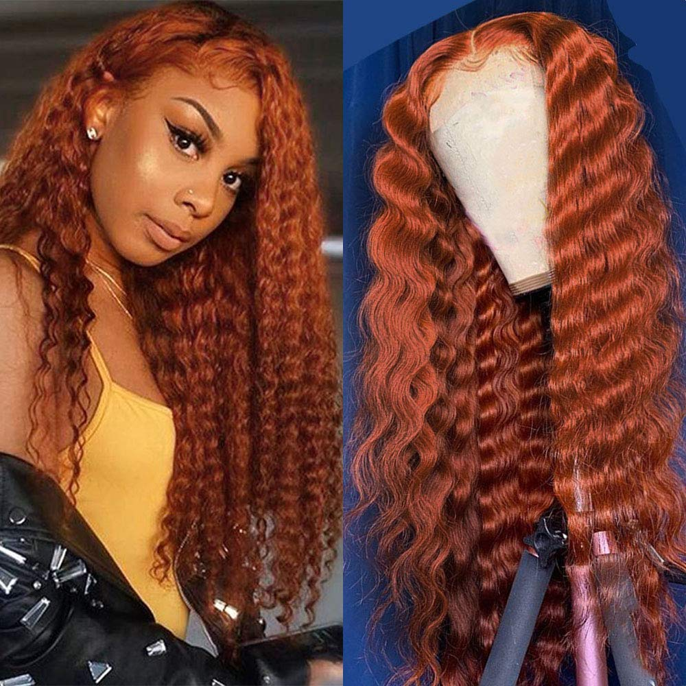 13x4 Lace Frontal Wigs Human Hair Deep Curly Wig Ginger Color 200% High Density