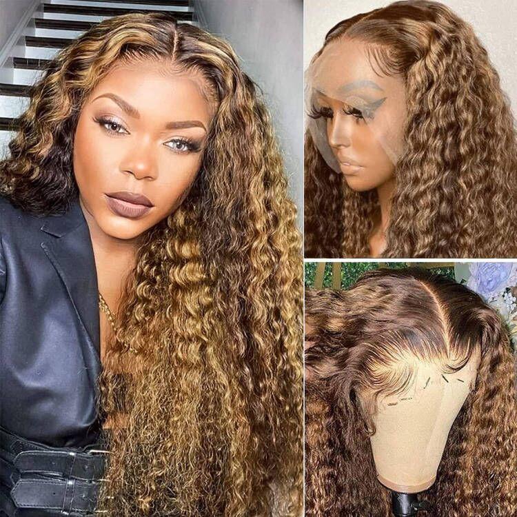 Highlight Deep Wave Wig HD Transparent 13x1 Ombre Curly Lace Front Human Hair Wigs 150 Density