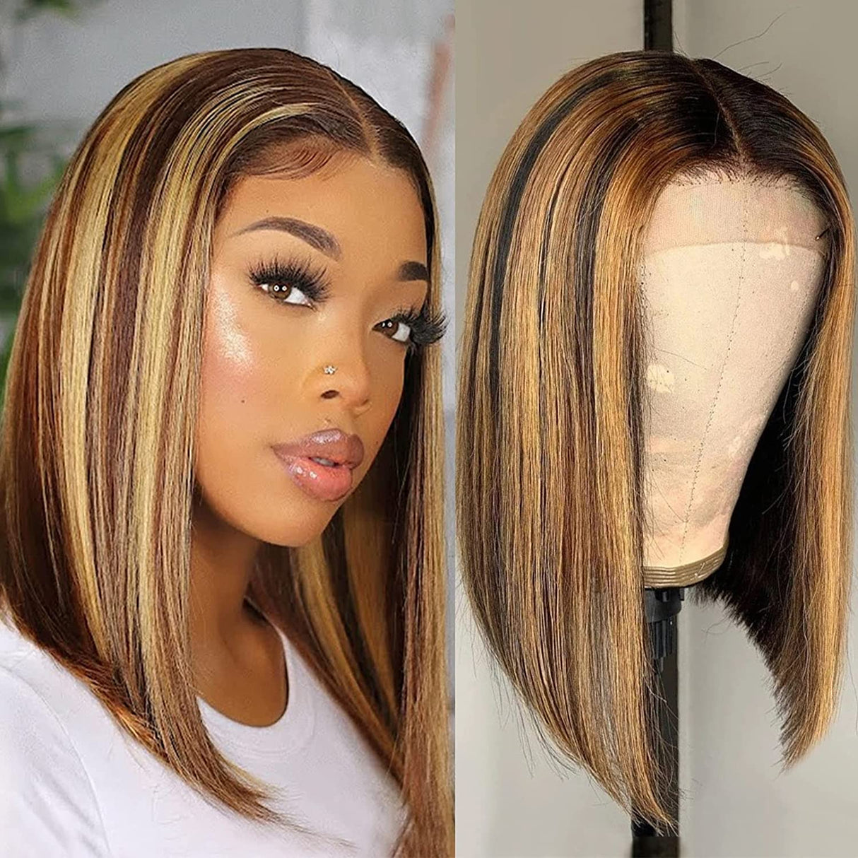 Short Bob Highlight Blonde #4/27 Straight 13x1 T Part HD Lace Front Human Hair Wigs