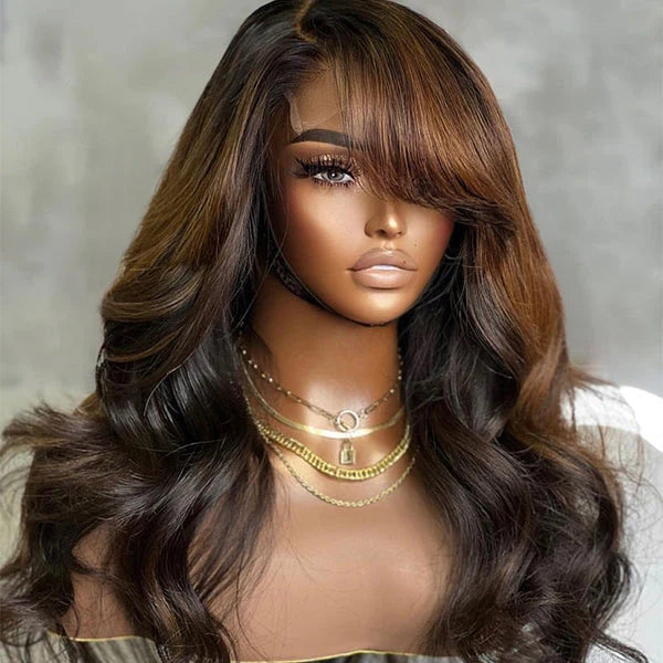 Brown Mix Black Loose Wave 5x5 Closure C Part Glueless Wig With Bangs 100% Human Hair