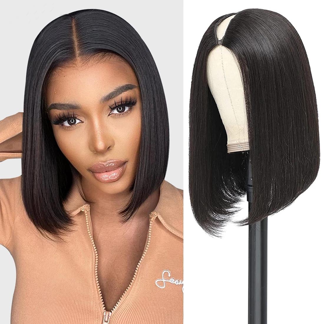 Short Bob V-Part Wigs Human Hair Straight Natural Color 180% Density
