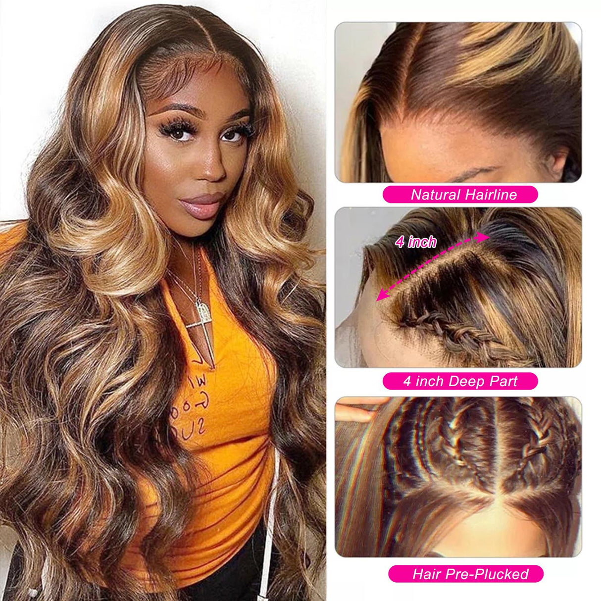 Highlight Ombre Human Hair Wigs Lace Front Wigs P4/27 Body Wave