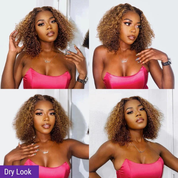 Mix Color Brown Curly Bob Wig Compact 13X4 Frontal Short Lace Wig 100% Human Hair