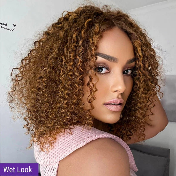 Mix Color Brown Curly Bob Wig Compact 13X4 Frontal Short Lace Wig 100% Human Hair