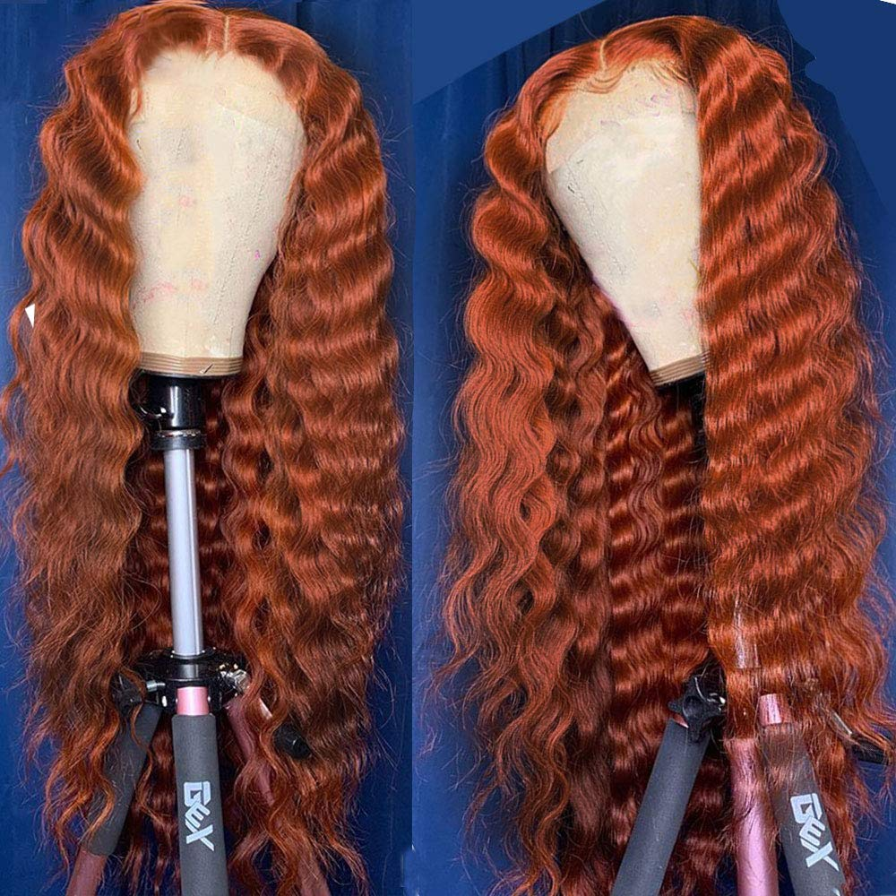 13x4 Lace Frontal Wigs Human Hair Deep Curly Wig Ginger Color 200% High Density