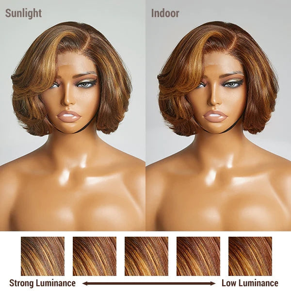 Toffee Brown Mix Blonde 4x4 Closure Lace Glueless C Part Short Wig 100% Human Hair