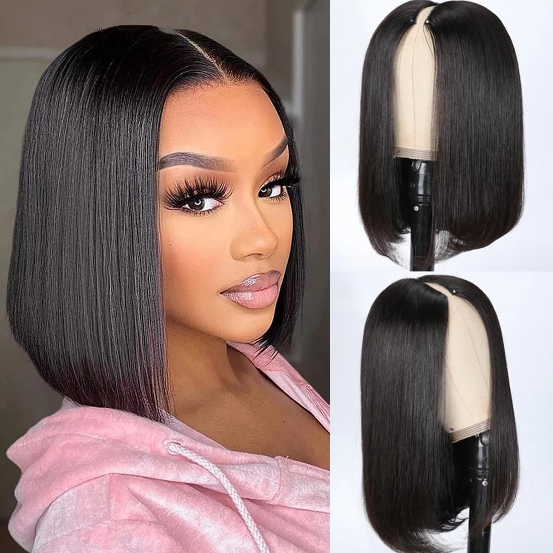 Short Bob V-Part Wigs Human Hair Straight Natural Color 180% Density
