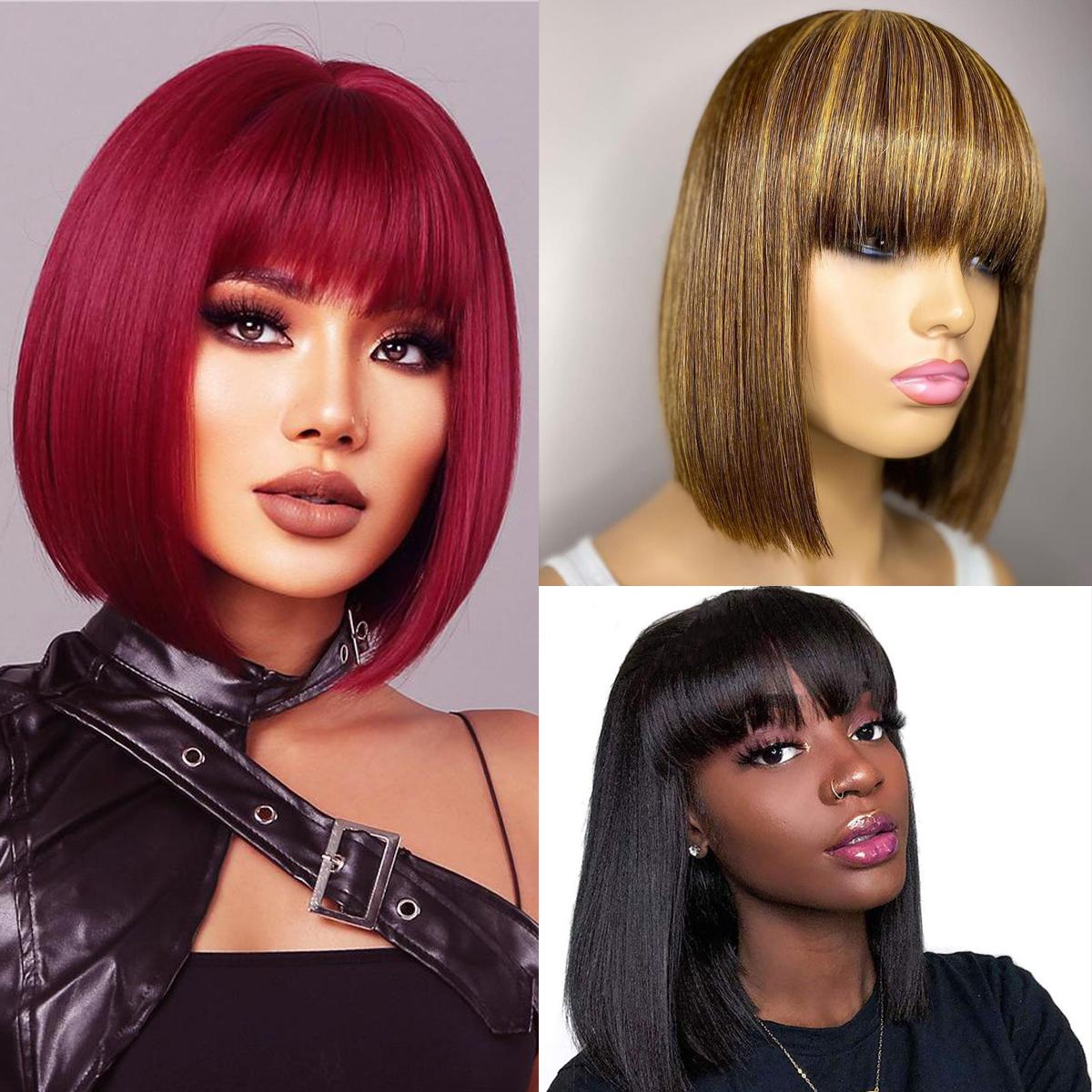 Short Bob Wigs Straight Human Hair With Bangs 100% Remy Hair Non Lace Wigs