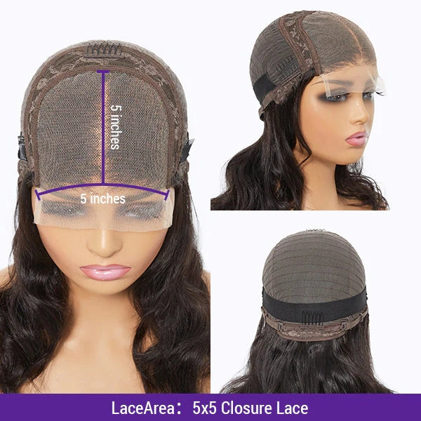 Loose Wave 5x5 Closure Lace Glueless Long Wig With Cute Bangs 100% Human Hair | Face-Framing