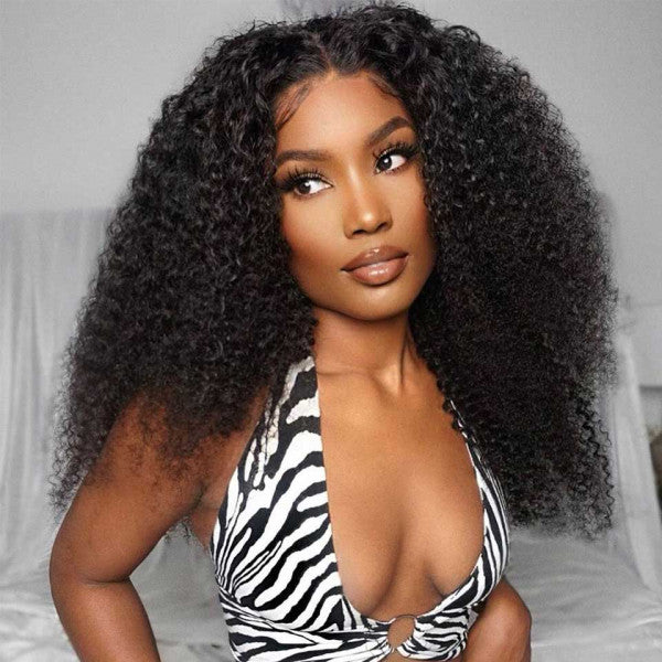 Kinky Curly 13x1 T Part Lace Front Wigs Douible Drawn Human Hair Natural Color 200% Super High Denisty