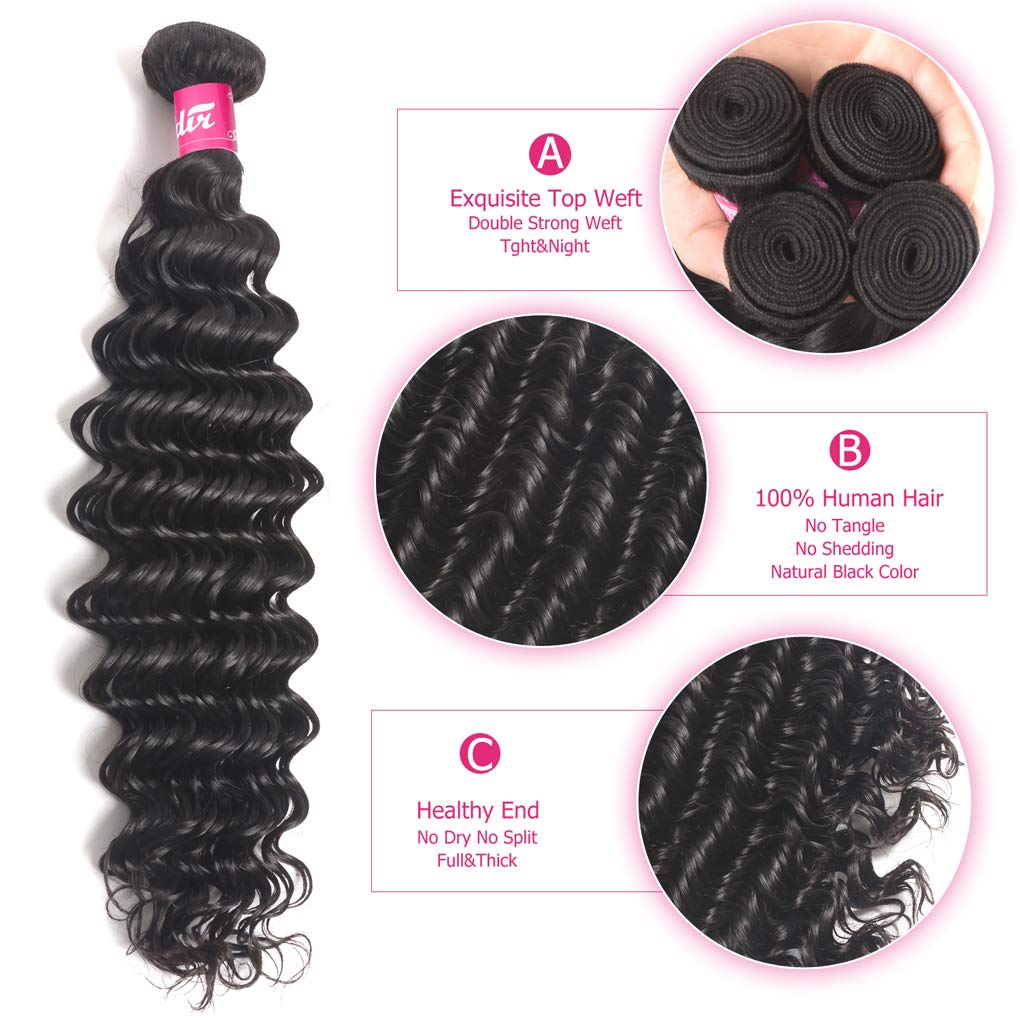 Brazilian Deep Wave Human Hair 3 Bundle Natural Black