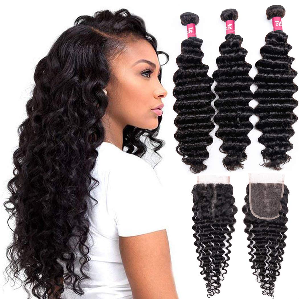 Deep Wave Human Hair Bundles with Closure Natural Color