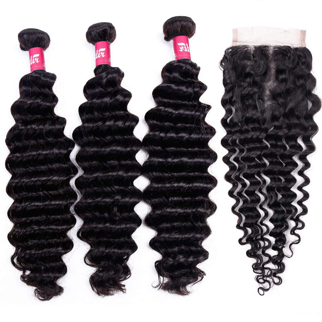 Deep Wave Human Hair Bundles with Closure Natural Color