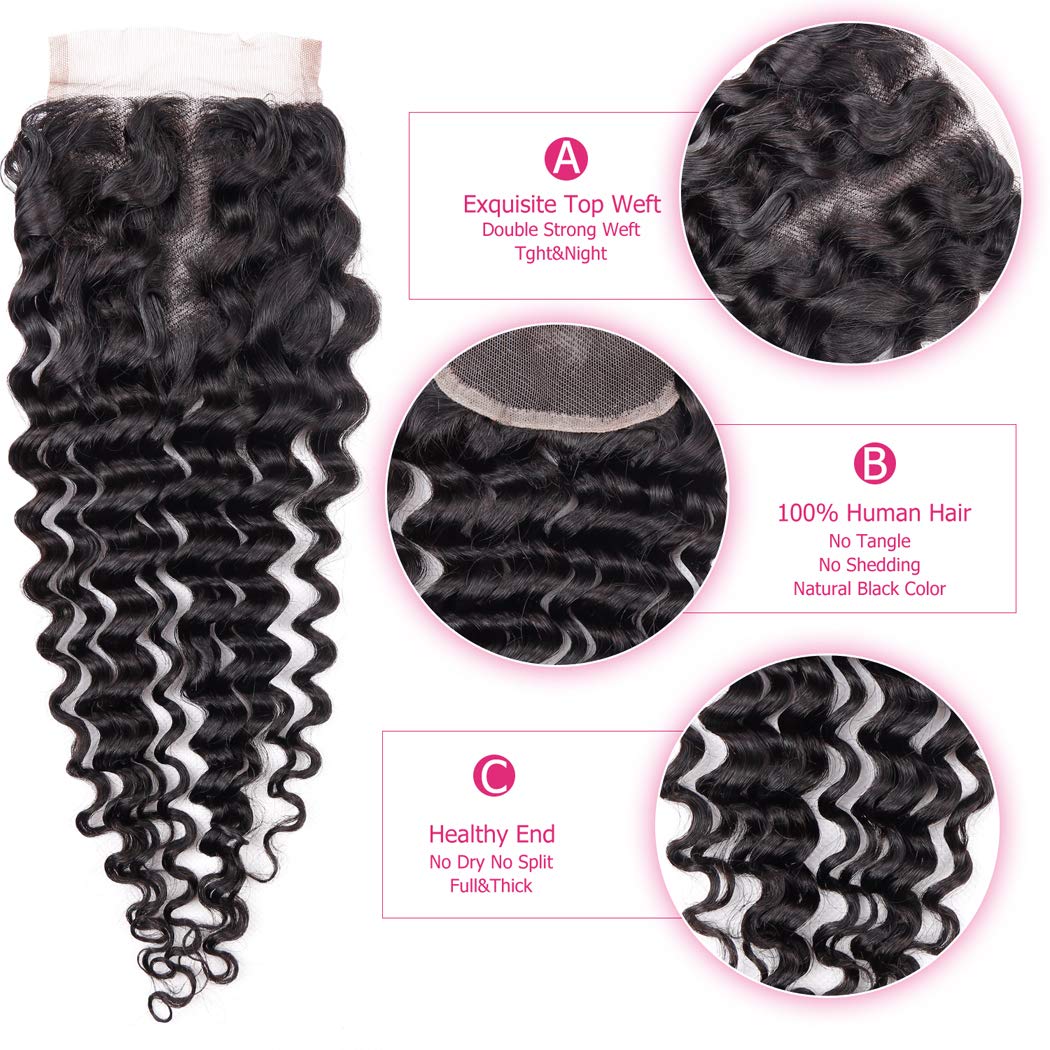Deep Wave Human Hair Bundles with Closure Natural Color