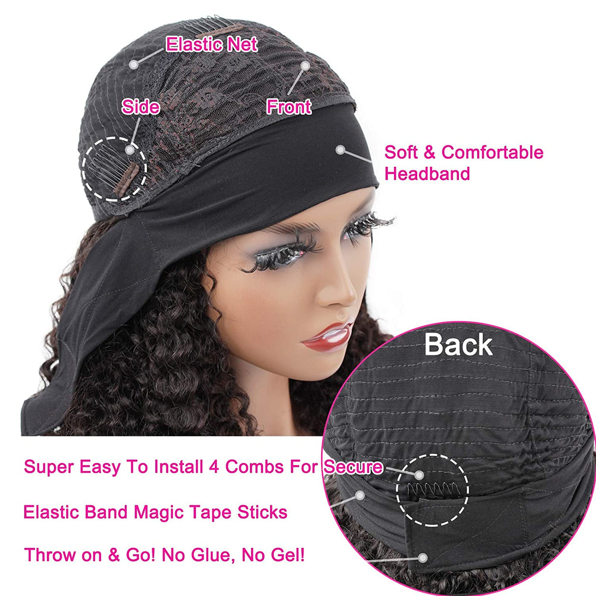 Headband Wig Kinky Curly Human Hair Wigs for Black Women 180% Density