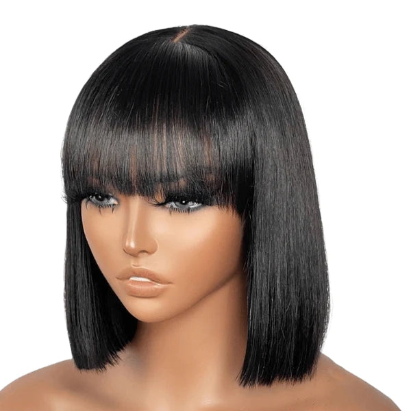 Put On And Go Realistic Glueless Yaki Straight Bob With Bangs Minimalist Undetectable HD Lace Wig 100% Human Hair